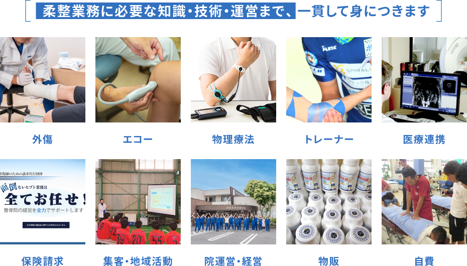  柔整業務に必要な知識・技術・運営まで、 一貫して身につきます